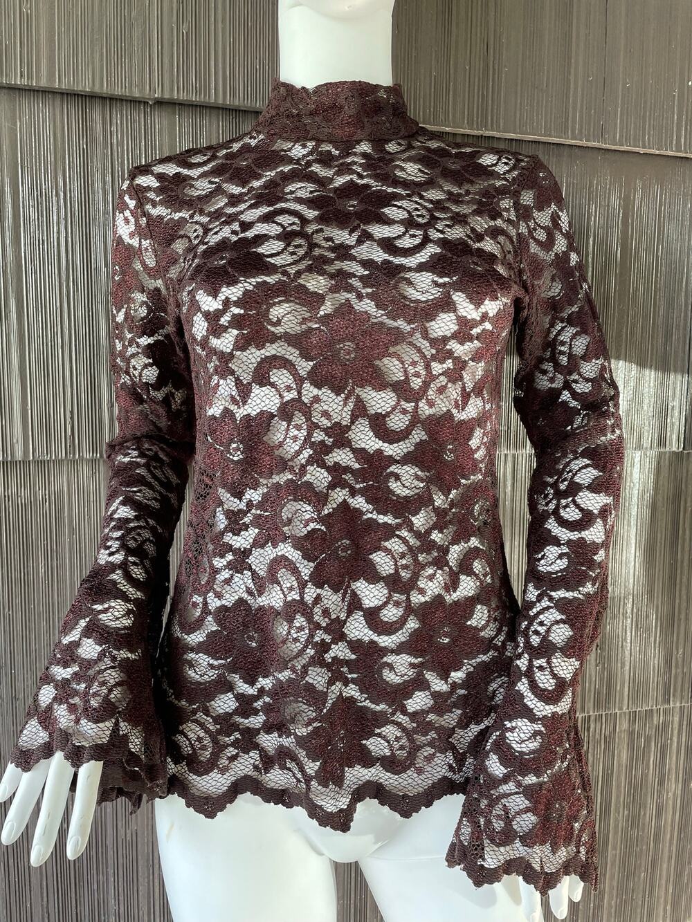 🔥Cami USA Made Sheer Lace Maroon Bell Sleeve Top Mock Neck Goth Dark Coquette